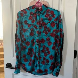 ROCK AND ROLL PEARL SNAP FRINGE BLOUSE SZ S BLUE